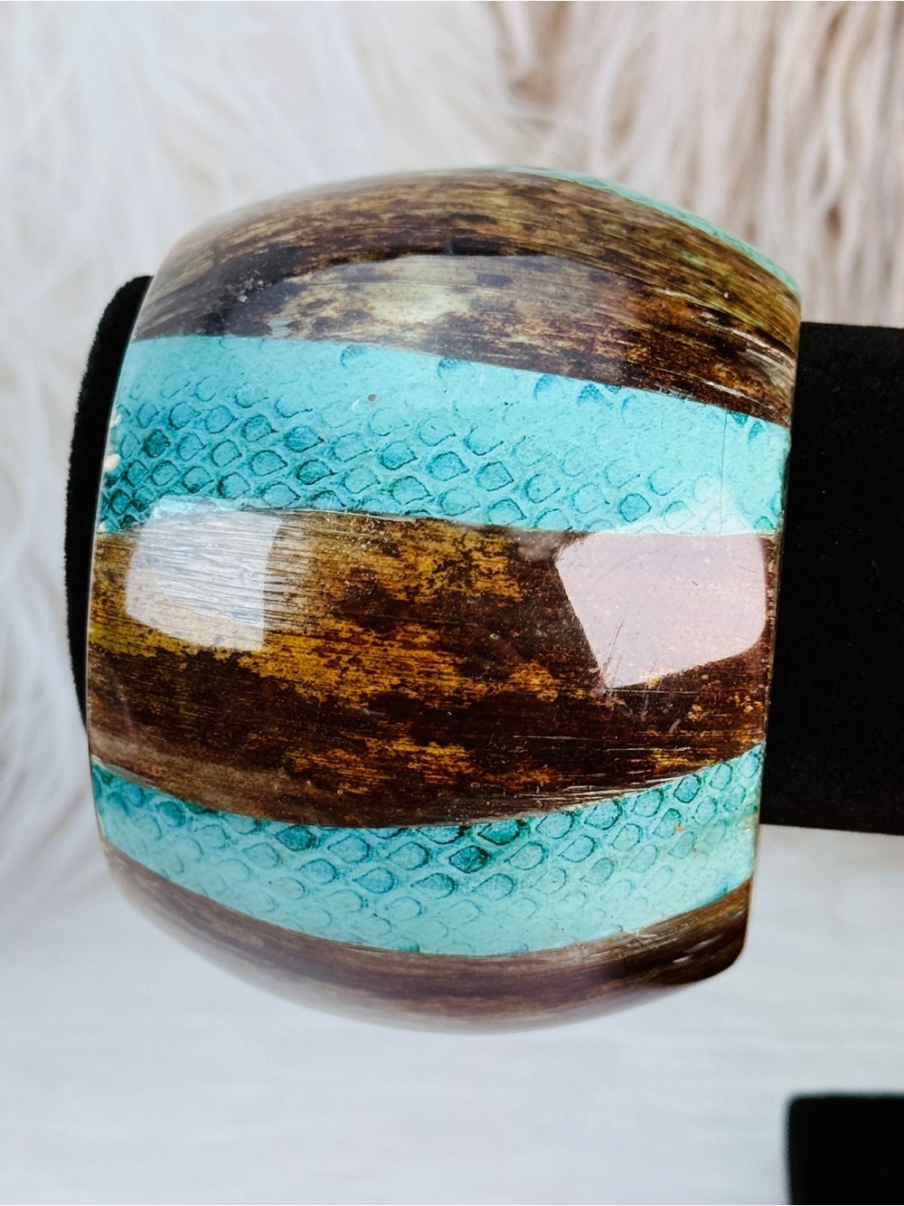 Wide Vintage Turquoise Brown Statement Cuff Bracelet Bold Bangle